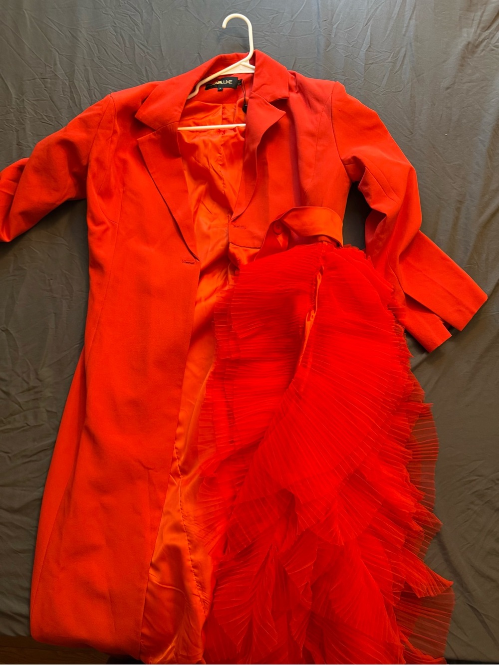 FAVLUX Red Ruffle-Accent Long Blazer